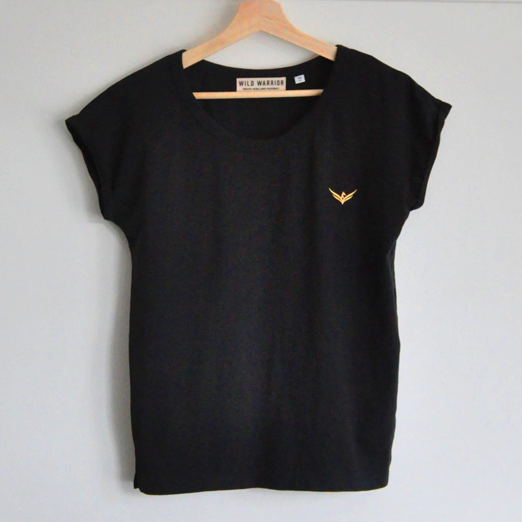 Wild Warrior Organic Cotton Black t-shirt on hanger with round neck and embroidered gold wings