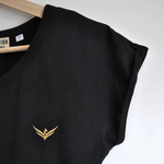 Wild Warrior organic cotton black t-shirt with embroidery of bird logo