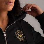Wild Warrior zip-up hoodie - front view with Wild Warrior badge logo embroidered front left