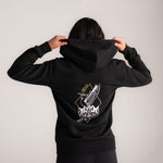 Wild Warrior black zip-up hoodie with graceful bird & crown embroidery. Image view from the back with embroidery detail and hood.