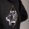 Wild Warrior zip-up hoodie with fierce lioness embroidery. Image view from the back with close-up embroidery detail.