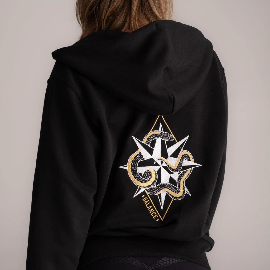 Wild Warrior Balance Black zip up hoodie with snake and compass embroidery 