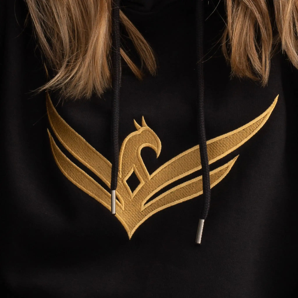 Wild Warrior Gold Bird embroidery on black pull over hoodie